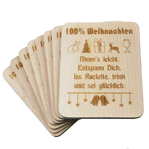 8 Stück Raclette Untersetzer mit Lasergravur"100% Weihnachten" aus Buchenholz, 100x80x7mm von wall-art-design