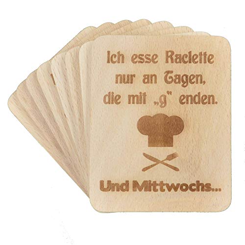 8 Stück Raclette Untersetzer mit Lasergravur"Ich esse Raclette." aus Buchenholz, 100x80x7mm von wall-art-design