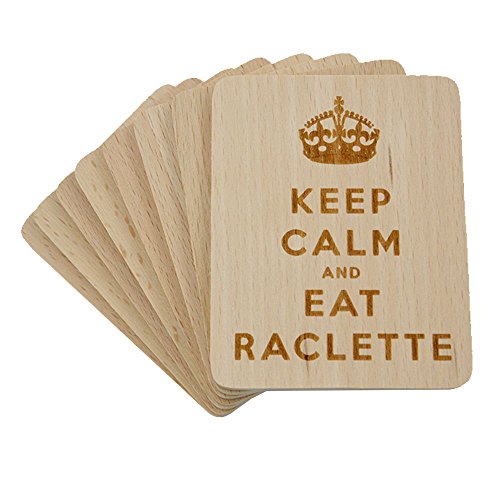 8 Stück Raclette Untersetzer mit Lasergravur "Keep Calm and Eat Raclette" aus Buchenholz, 100x80x7mm von wall-art-design