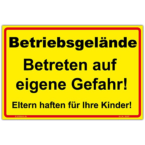 Schild "Betriebsgelände, Betreten auf eigene Gefahr!" Hinweisschild 300x200 mm gelb,Querformat, stabile Aluminiumverbundplatte 3mm stark von Schilderio