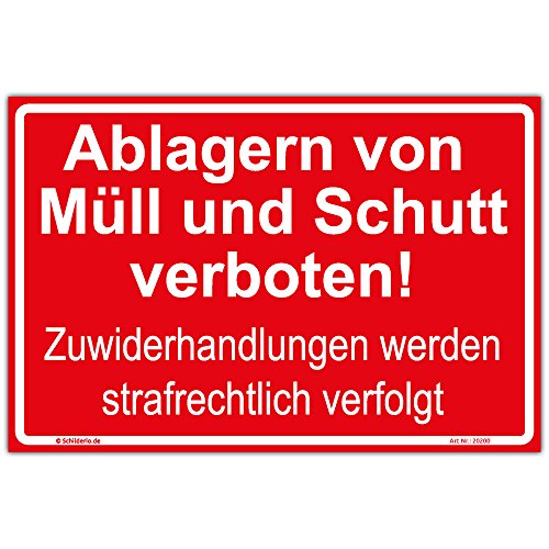 Schild "Ablagern von Müll und Schutt verboten! Zuwiderhandlungen..." Hinweisschild 450x300 mm rot,Querformat, stabile Aluminiumverbundplatte 3mm stark von Schilderio