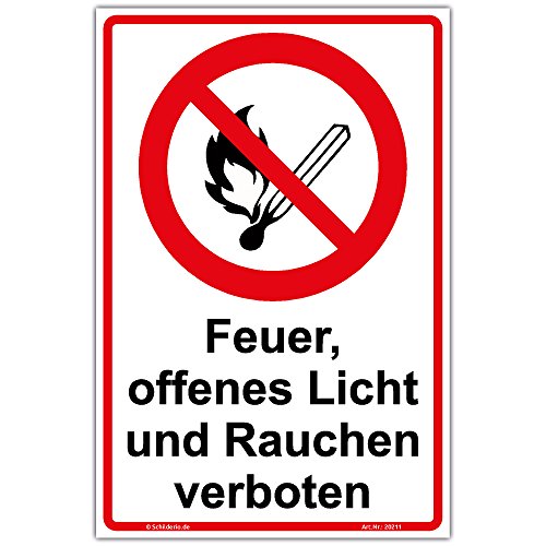 Schild"Feuer, offenes Licht und Rauchen verboten" Hinweisschild 450x300 mm Hochformat, stabile Aluminiumverbundplatte 3mm stark - inkl. 4 Eckbohrungen von Schilderio