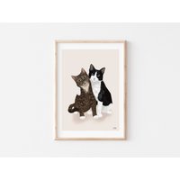 Katzen Umarmen Sich, Katzenzeichnung, Kunst, Druck, Geschenk, Wand Dekor, Kinderzimmer Katzenliebhaber Katze von wallabymountain