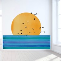 Wandtatko - Sonnenaufgang Über Dem Meer Blau Grün Aquarell Streifen Wandbild Strand Deko Kinderzimmer Aufkleber von wallartdesign