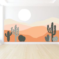 Wüstenwandbild - Berge Kinderzimmer Dekor Aufkleber Sonne & Wolken Kaktus Spielzimmer von wallartdesign