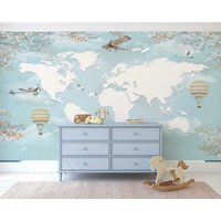 Kinderzimmer Karte Wallpaper Peel & Stick Selbstklebende Weltkarte Wandbild Abnehmbar von walldecorashop
