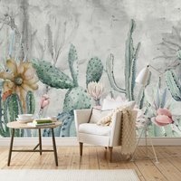 Aquarell Kaktus Blume Tapete - Wandposter Wohnzimmer Dekor Wohnkultur Schälen Und Stick Wandbild Kunst Blühende Blumen Geschenke von wallpaperfect