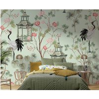 Blumentapete - Wohnzimmer Wanddekor Klebende Blumentapete Temporäre Tapete Vogelwandbild, Chinoiserie-Tapetendekor von wallpaperfect