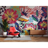Buntes Blumenwandbild Im Kunststil, Farbeffekt Bunte Blumen Tapete, Selbstklebendes Wandbild Floral, Boho Stil von wallpaperfect