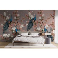 Pfau Floral Tapete - Klebende Pfau Tapete Blumentapete Hübsche Wanddekorationen Wohnzimmerwand Anpassbares Wandbild von wallpaperfect