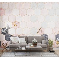 Selbstklebende Tapete Aus Aquarell-Bienenwabe-Rosa-Marmor, Gold Detail Schälen Und Stick, Entfernbares Hellbraunes Hexagon-Wandtattoo, Bienenmuster von wallpaperfect