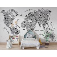 Weltkarte Tapete - Kinderzimmer Dekor Schwarz Weiß Lernkarte Weltkarte Schälen Und Aufkleben Personalisiert Geschenke Wand Individuell von wallpaperfect