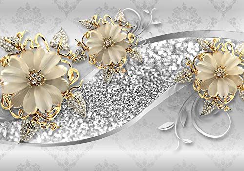 wandmotiv24 Fototapete Blumen Diamanten grau, L 300 x 210 cm - 6 Teile, Wanddeko, Wandbild, Wandtapete, Blüten Ornamente M3790 von wandmotiv24