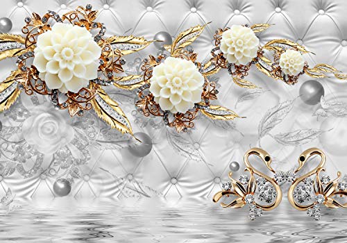 wandmotiv24 Fototapete Blumen Gold Diamanten Luxuriös Grau, XXL 400 x 280 cm - 8 Teile, Wanddeko, Wandbild, Wandtapete, Wasser, Polster, grau M1973 von wandmotiv24