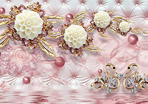 wandmotiv24 Fototapete Blumen gold Diamanten luxuriös rot, XL 350 x 245 cm - 7 Teile, Wanddeko, Wandbild, Wandtapete, Wasser, Polster, rosa M1971 von wandmotiv24