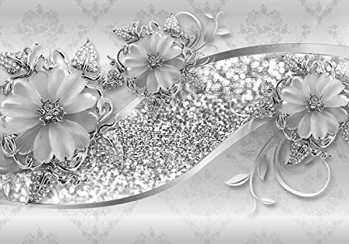 wandmotiv24 Fototapete grau Blumen Diamanten, L 300 x 210 cm - 6 Teile, Wanddeko, Wandbild, Wandtapete, Blüten Ornamente M3798 von wandmotiv24