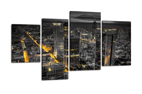 Leinwandbild Frankfurt Schwarz-Gold LW247 Wandbild, Bild auf Leinwand, 4 Teile, 180x115cm, Kunstdruck Canvas, XXL Bilder, Keilrahmenbild, fertig aufgespannt, Bild, Holzrahmen, Nacht, Skyline, Hochhäuser von wandmotiv24