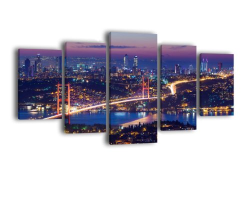 Leinwandbild Istanbul bei Nacht LW309 Wandbild, Bild auf Leinwand, 5 Teile, 210 x 100 cm, Kunstdruck Canvas, XXL Bilder, Keilrahmenbild, fertig aufgespannt, Bild, Holzrahmen, Nacht, Skyline, Türkei von wandmotiv24