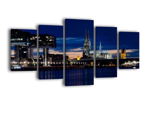 Leinwandbild Köln bei Nacht LW236 Wandbild, Bild auf Leinwand, 5 Teile, 210 x 100 cm, Kunstdruck Canvas, XXL Bilder, Keilrahmenbild, fertig aufgespannt, Bild, Holzrahmen, Deutschland, Dom, Rhein von wandmotiv24