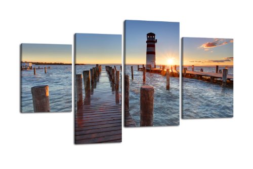 Leinwandbild Leuchtturm mit Pier LW182 Wandbild, Bild auf Leinwand, 4 Teile, 180x115cm, Kunstdruck Canvas, XXL Bilder, Keilrahmenbild, fertig aufgespannt, Bild, Holzrahmen, Landschaft, Natur, See von wandmotiv24