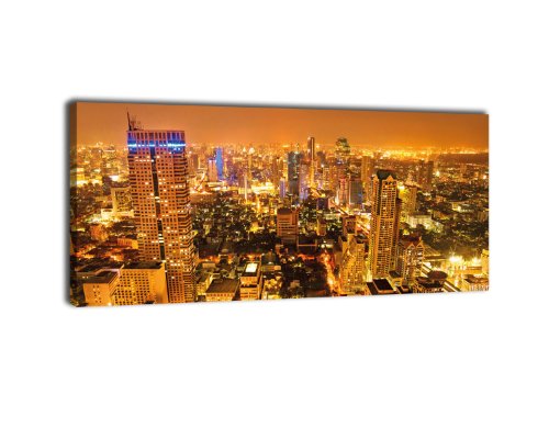 Leinwandbild Panorama Nr. 283 Goldene Nacht Bangkok 100x40cm, Keilrahmenbild, Bild auf Leinwand, Thailand Nacht Skyline von wandmotiv24