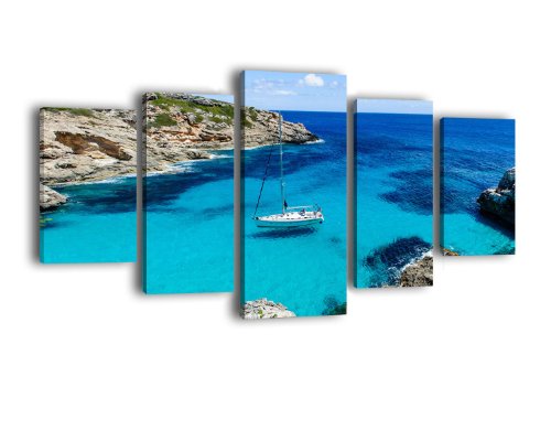Leinwandbild Sailing LW396 Wandbild, Bild auf Leinwand, 5 Teile, 210 x 100 cm, Kunstdruck Canvas, XXL Bilder, Keilrahmenbild, fertig aufgespannt, Bild, Holzrahmen, Bucht, Cala Marmols, Mallorca von wandmotiv24