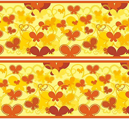 Selbstklebende Bordüre Schmetterlinge Gelb, 4-teilig 560x15cm, Tapetenbordüre, Wandbordüre, Borte, Wanddeko,Muster, orange von wandmotiv24