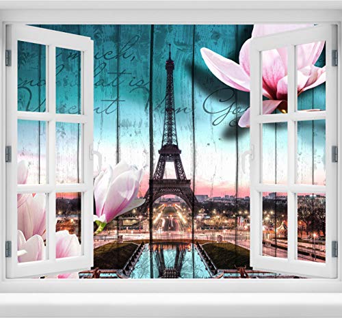 wandmotiv24 3D-Wandsticker Holz Blüten Paris Eiffelturm, Design 03, 120x94cm (BxH), Aufkleber Wand-deko, Wandbild, 3D Effekt, Fenster, Mauer, Wandaufkleber, Sticker M0543 von wandmotiv24