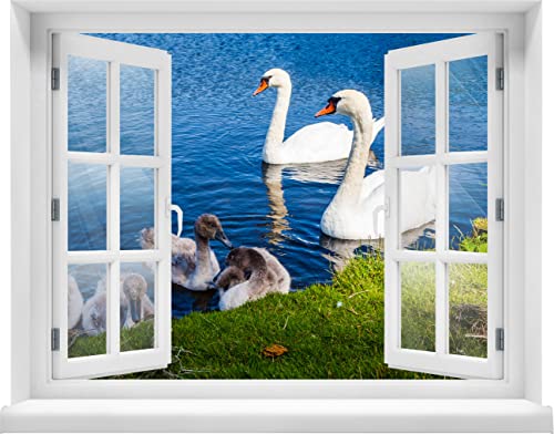 wandmotiv24 3D-Wandsticker Schwanen Familie, Wasser, Schwan, Vögel, Design 03, 60x47cm (BxH), Aufkleber Wand-deko, Wandbild, 3D Effekt, Fenster, Mauer, Wandaufkleber, Sticker M1295 von wandmotiv24