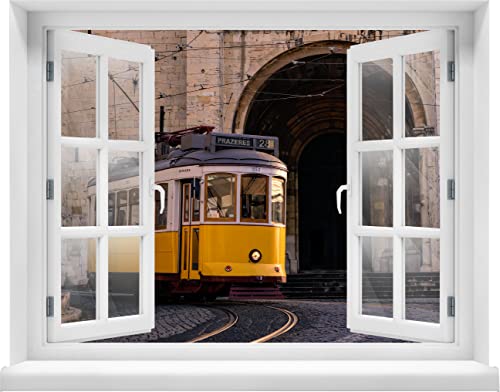 wandmotiv24 3D-Wandsticker Straßenbahn in Lissabon, Portugal, Gelb, Design 03, 90x70cm (BxH), Aufkleber Wand-deko, Wandbild, 3D Effekt, Fenster, Mauer, Wandaufkleber, Sticker M1240 von wandmotiv24