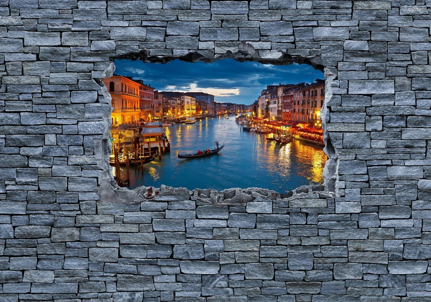 wandmotiv24 Fototapete 3D Canale Grande Venedig - Steinmauer, strukturiert, Wandtapete, Motivtapete, matt, Vinyltapete, selbstklebend von wandmotiv24