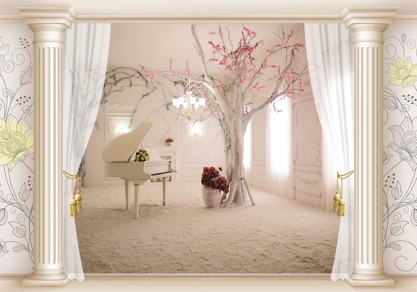 wandmotiv24 Fototapete 3D Raum Klavier Piano Baum Vorhang, glatt, Wandtapete, Motivtapete, matt, Vliestapete, selbstklebend von wandmotiv24