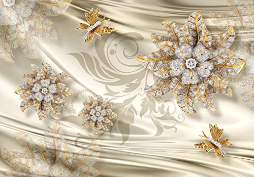 wandmotiv24 Fototapete Abstrakt Blumen Gold diamanten Seide, XS 150 x 105cm - 3 Teile, Wanddeko, Wandbild, Wandtapete, Tuch Stofftuch Schmetterlinge M4605 von wandmotiv24