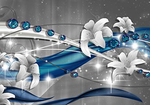wandmotiv24 Fototapete Abstrakt Diamant Lilie Blau, 300 x 210 cm - selbstklebende Strukturtapete, Wanddeko, Wandbild, Wandtapete, Weiß, Blumen, Grau M1522 von wandmotiv24