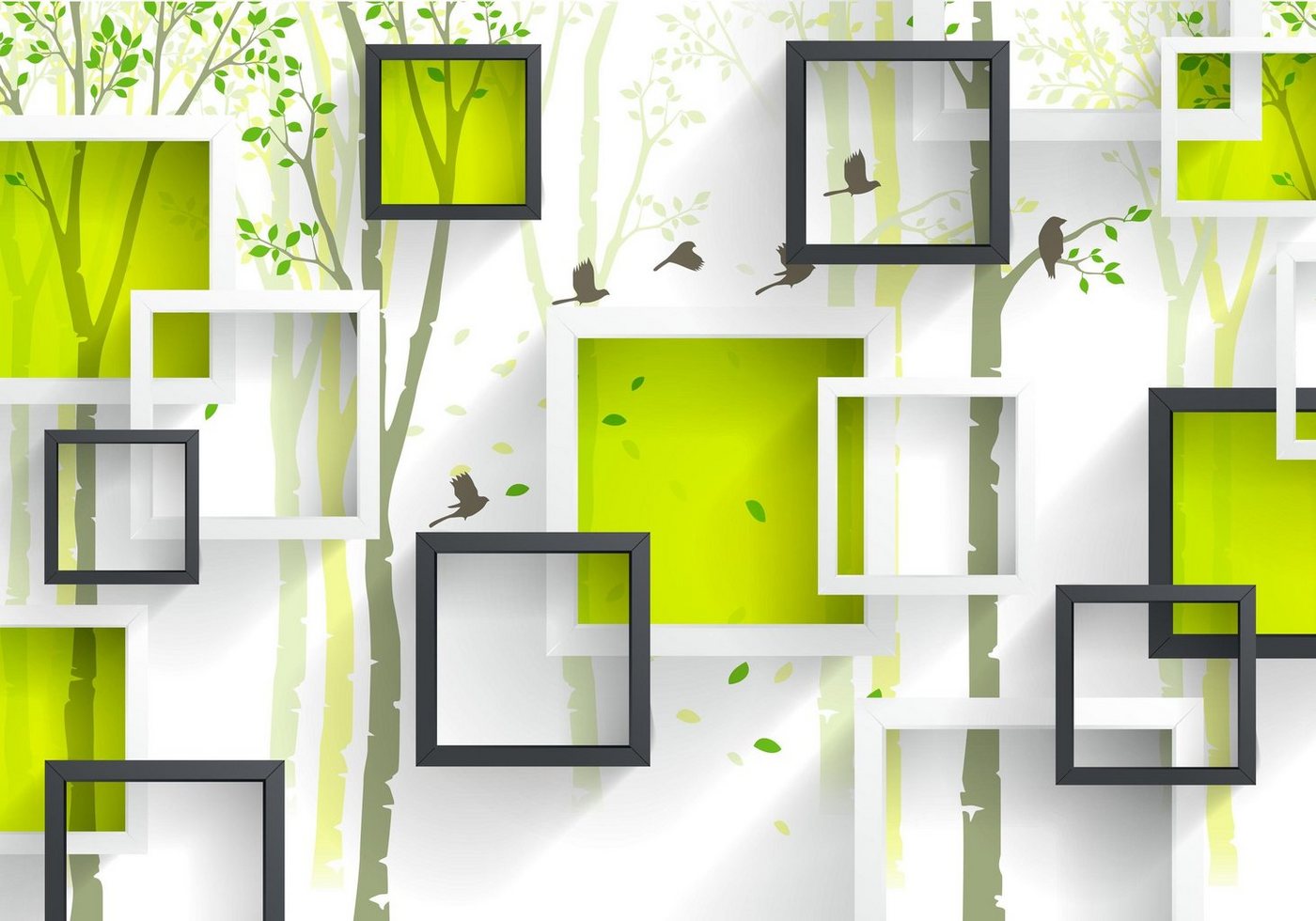 wandmotiv24 Fototapete Abstrakt Grün Fenster grün Wald Vögel, glatt, Wandtapete, Motivtapete, matt, Vliestapete, selbstklebend von wandmotiv24