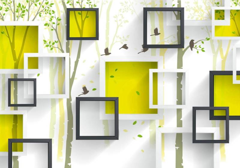 wandmotiv24 Fototapete Abstrakt gelb Fenster grün Wald Vögel, glatt, Wandtapete, Motivtapete, matt, Vliestapete, selbstklebend von wandmotiv24