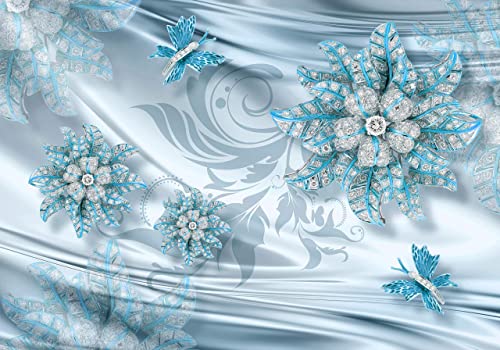 wandmotiv24 Fototapete Abstrakt hell blau Blumen diamanten Seid, XL 350 x 245 cm - 7 Teile, Wanddeko, Wandbild, Wandtapete, Tuch Stofftuch Schmetterlinge M4741 von wandmotiv24