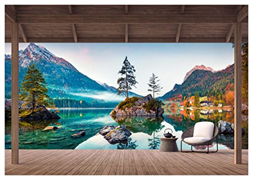 wandmotiv24 Fototapete Ausblick Terrasse Landschaft See, M 250 x 175 cm - 5 Teile, Wanddeko, Wandbild, Wandtapete, Sessel Teekanne Berge Wasser Holz Pergola M6843 von wandmotiv24