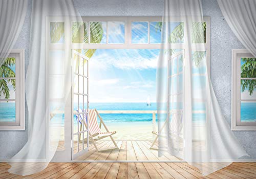 wandmotiv24 Fototapete Balkon Ausblick Meer Strand, braun, XS 150 x 105cm - 3 Teile, Wanddeko, Wandbild, Wandtapete, Fenster, Palmen, Himmel, Holz M3862 von wandmotiv24