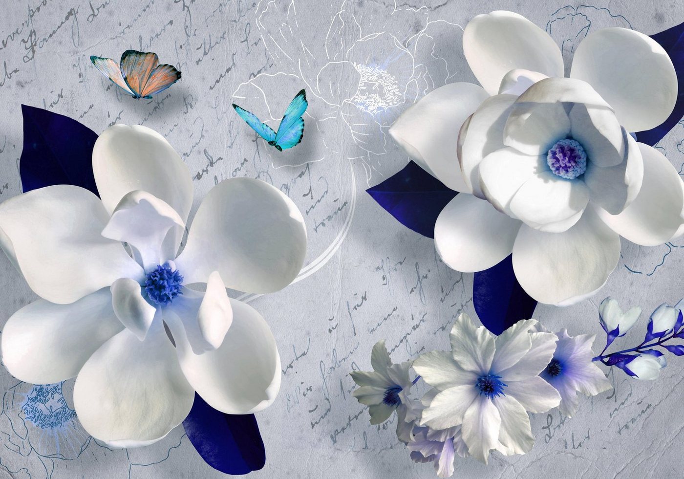 wandmotiv24 Fototapete Blau Blumen Schmetterling, strukturiert, Wandtapete, Motivtapete, matt, Vinyltapete, selbstklebend von wandmotiv24