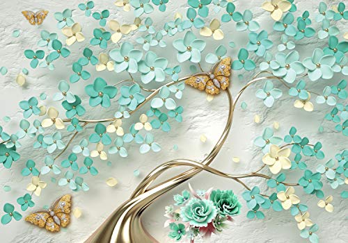 wandmotiv24 Fototapete Blütenbaum Schmetterlinge türkis, L 300 x 210 cm - 6 Teile, Wanddeko, Wandbild, Wandtapete, Baum Blüten gold Wand M6610 von wandmotiv24