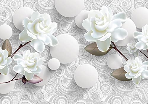 wandmotiv24 Fototapete Blumen 3D Optik Kreise weiß, M 250 x 175 cm - 5 Teile, Wanddeko, Wandbild, Wandtapete, Rosen Rose Ornamente M6708 von wandmotiv24