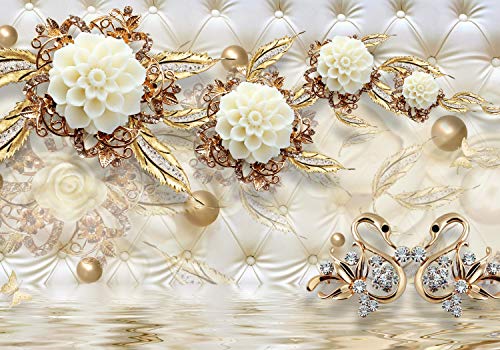 wandmotiv24 Fototapete Blumen Diamanten Luxuriös, S 200 x 140cm - 4 Teile, Wanddeko, Wandbild, Wandtapete, Gold, Wasser, Polster M1815 von wandmotiv24