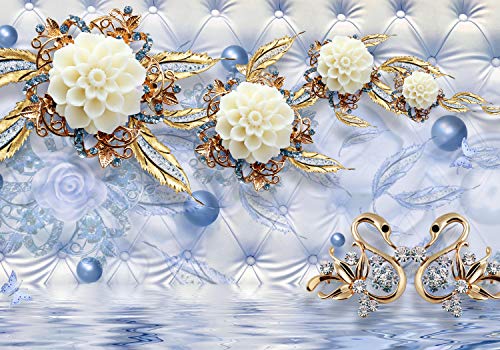 wandmotiv24 Fototapete Blumen Gold Diamanten Luxuriös blau, M 250 x 175 cm - 5 Teile, Wanddeko, Wandbild, Wandtapete, Wasser, Polster, blau M1970 von wandmotiv24