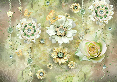 wandmotiv24 Fototapete Blumen Ornament Vintage grün, L 300 x 210 cm - 6 Teile, Fototapeten, Wandbild, Motivtapeten, Vlies-Tapeten, Rosen, Diamant, Schmetterling M1398 von wandmotiv24