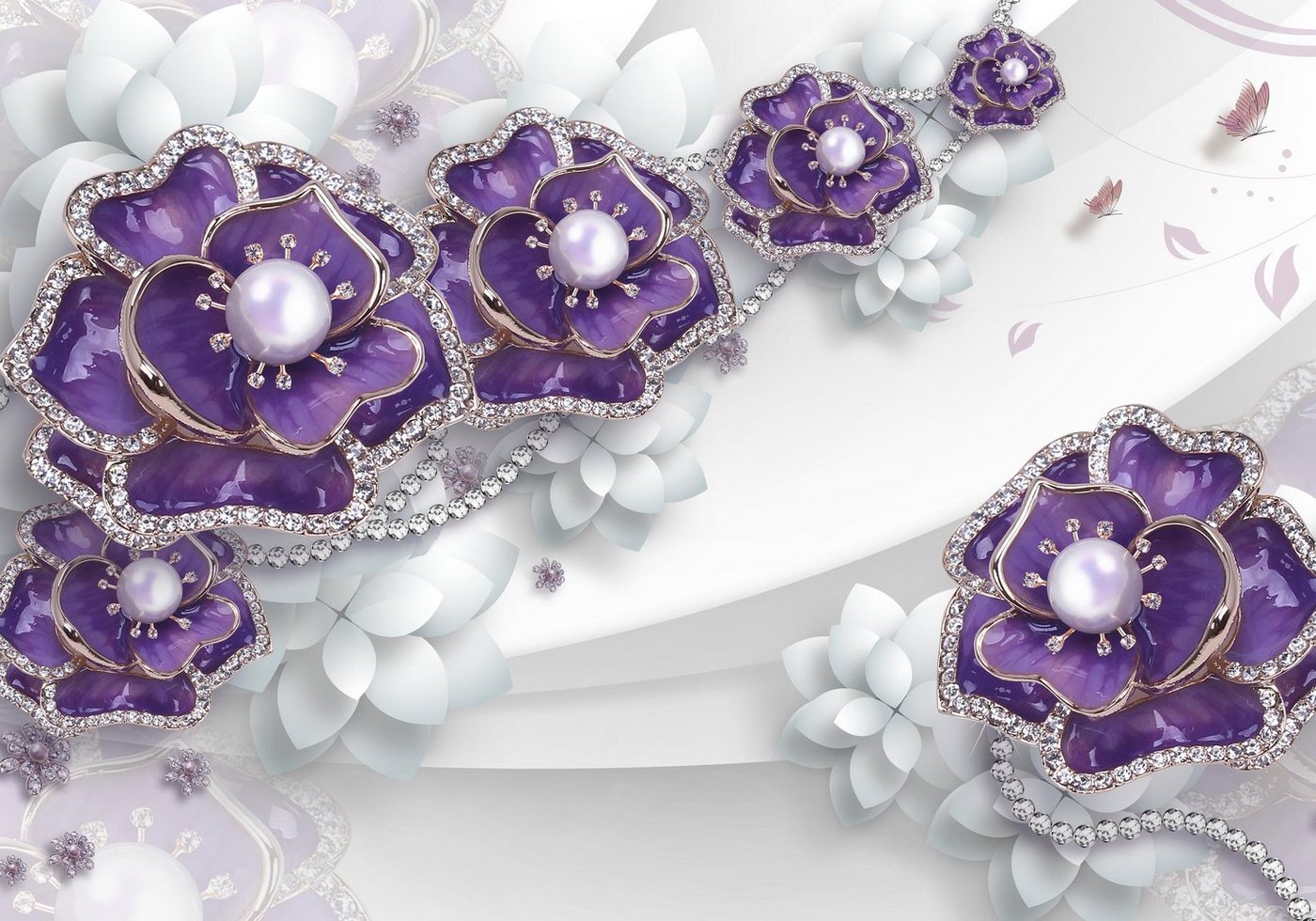 wandmotiv24 Fototapete Blumen Perlen 3D violett weiß, strukturiert, Wandtapete, Motivtapete, matt, Vinyltapete, selbstklebend von wandmotiv24