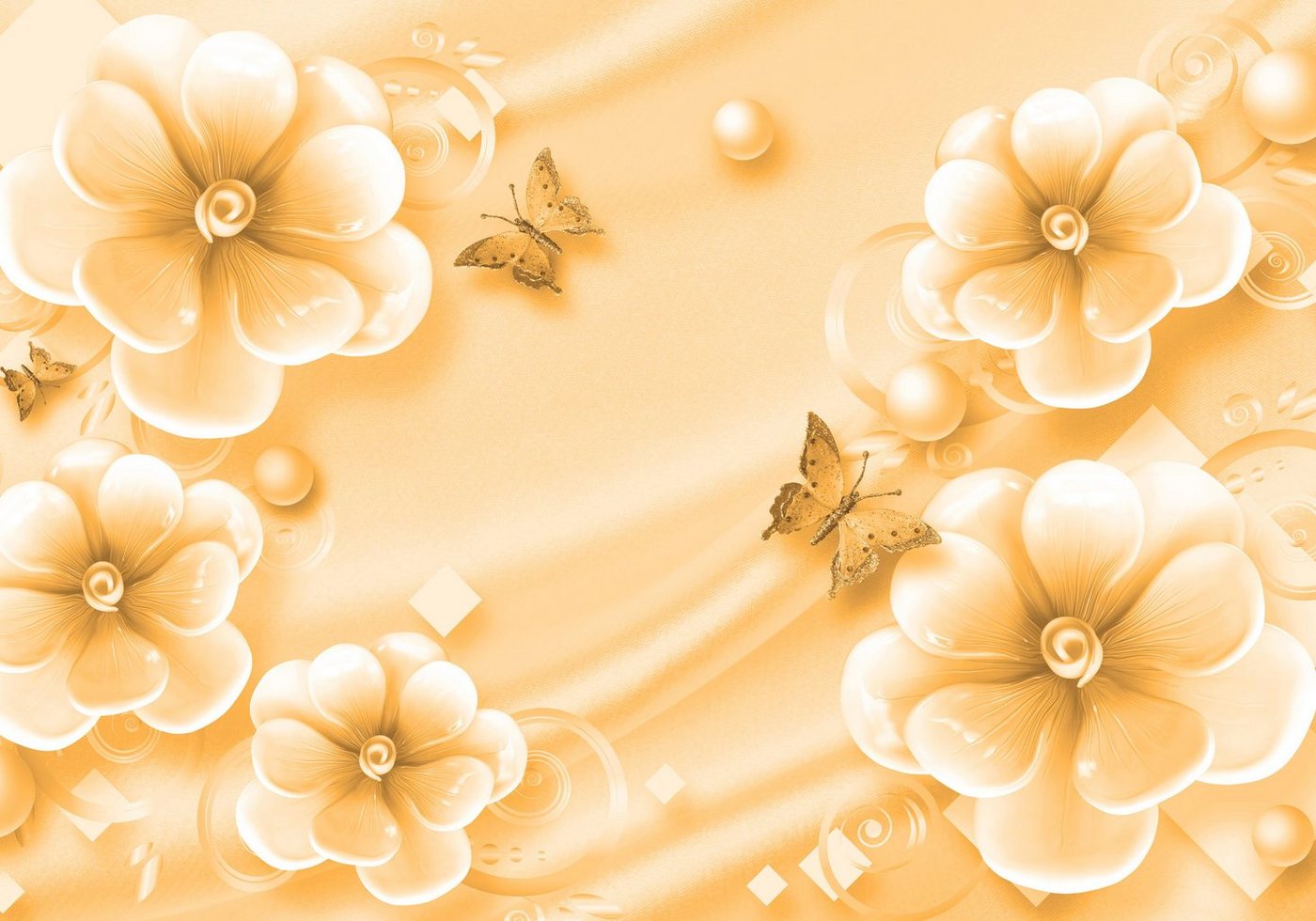 wandmotiv24 Fototapete Blumen Schmetterling Seide Perlen orange, glatt, Wandtapete, Motivtapete, matt, Vliestapete, selbstklebend von wandmotiv24