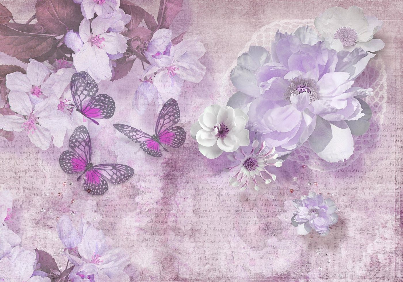 wandmotiv24 Fototapete Blumen Schmetterlinge lila, glatt, Wandtapete, Motivtapete, matt, Vliestapete, selbstklebend von wandmotiv24