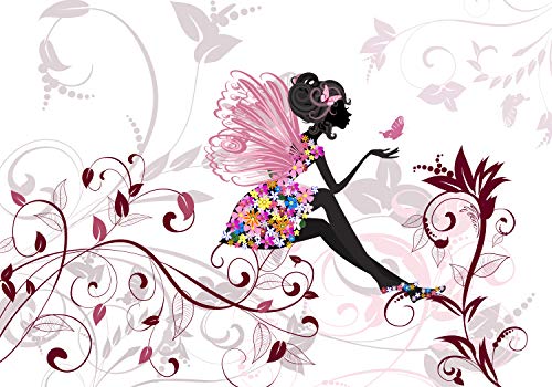 wandmotiv24 Fototapete Blumenfee mit Schmetterling, XL 350 x 245 cm - 7 Teile, Wanddeko, Wandbild, Wandtapete, Elfen Fee rosa Ornamente Fantasy M6595 von wandmotiv24