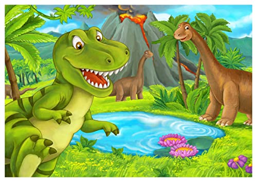 wandmotiv24 Fototapete Dino Dinosaurier Berg Teich, S 200 x 140cm - 4 Teile, Wanddeko, Wandbild, Wandtapete, Tyrannosaurus Rex Brontosaurus Vulkan M6879 von wandmotiv24
